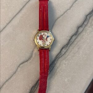 Red Leather Strap Watch with Santa Dial